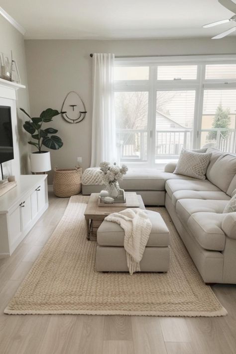 Grey Furniture Home Decor, Light Grey Small Living Room, Beige White Brown Living Room, Big White Living Room Ideas, Light Color Schemes For Living Room, Home Decor White And Grey, Simple Neutral Living Room Decor, Light Grey Neutral Living Room, Living Room Ideas L Shaped Couch