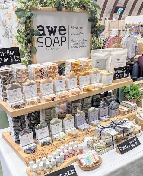 Soap Stall Display Ideas, Vendor Booth Display Ideas Body Butter, Soap Vendor Display, Soap Vendor Booth Ideas, Retail Soap Display Ideas, Soap Stands Display Ideas, Skincare Vendor Booth, Soap Table Display, Skincare Vendor Display