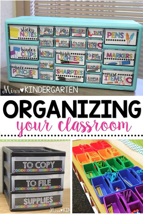 Learn how to be a more organized teacher! These classroom organization ideas will help you keep your desks, centers, and supplies organized! Teacher Desk Supplies Organization, Art Teacher Desk Organization, Classroom Workbook Storage, Teachers Desk Organization, Teacher Supply Organization, Organized Teacher Desk, Teacher Storage Organization, Classroom Supply Organization, Classroom Organization Kindergarten