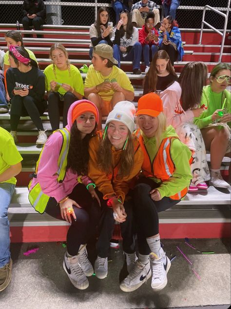 #football #neon #highschool #senioryear #theme Jailbreak Football Theme Outfits, Neon Outfits Football Game, Neon Student Section Outfits, Neon Night Outfit Football, Country Football Game Theme, Neon Night Football High Schools, Neon Football Theme, Neon Theme Outfit, Neon Out Football Game