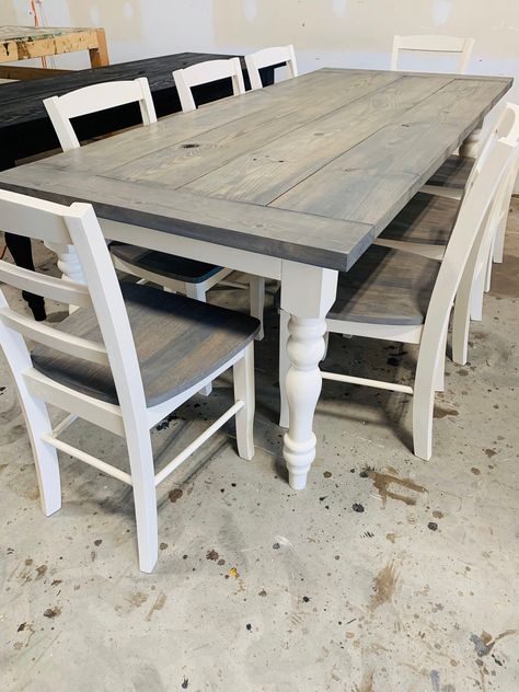 7ft Rustic Farmhouse Table with Turned Legs, Chair Set Classic Gray Top and Antique White Base, Wooden Dining Table Dining Table Color Ideas, Grey Farmhouse Table, Grey Kitchen Table, Farmhouse Style Kitchen Table, Farmhouse Dining Table Set, Farmhouse Table Setting, Farmhouse Table With Bench, Kitchen Table And Chairs, White Kitchen Table