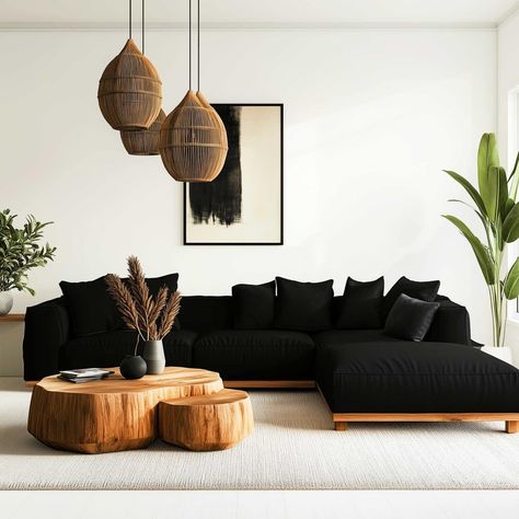 organic_modern_living_room_black_couch (20) Living Room With Black Couch, Charcoal Sofa Living Room, Dark Couch Living Room, Black Sectional Living Room, Black Couch Decor, Black Couch Living Room Decor, Cowhide Rug Living Room, Black Sofa Living Room Decor, Black Couch Living Room