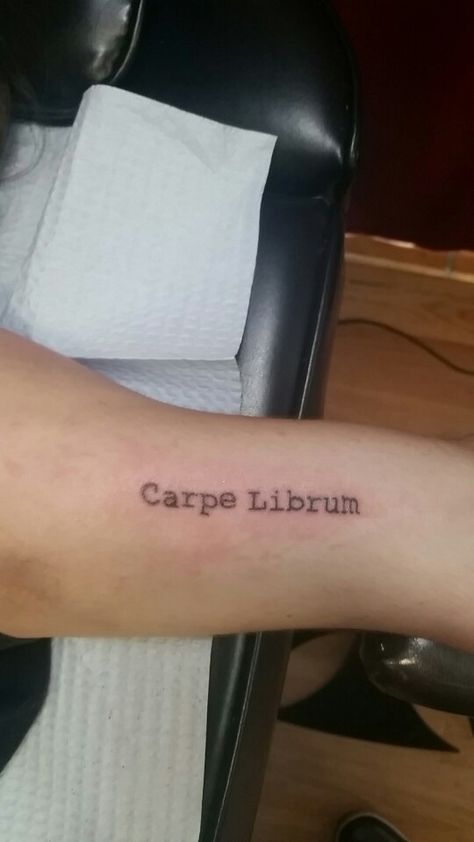 My 2nd tattoo, Carpe Librum in type writer print. Writer Aesthetic Tattoo, Carpe Librum Tattoo, Writer Tattoo Ideas Small, Book Club Tattoo, Tattoos For Writers, Writer Tattoo Ideas, Writer Tattoos, Writer Tattoo, Science Tattoos