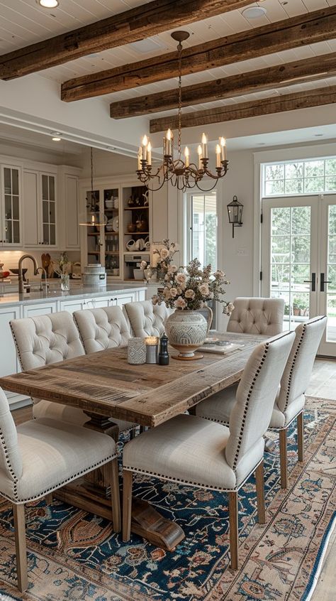 Transform Your Space with These Inviting Farmhouse Dining Room Ideas - Remodr French Interior Dining Room, Traditional Kitchen Table And Chairs, Large Dining Room Decor Ideas, Vintage Inspired Dining Room, Large Wood Dining Table, Farmhouse Small Dining Room, Rustic Dining Room Decor Ideas, 2024 Dining Room Trends, Cozy Dining Room Aesthetic