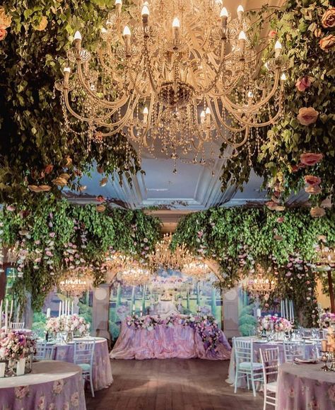 “What about taking enchanted forest to an indoor wedding reception? Yes, please! We are swooning over this stunning decoration inspiration from…” Enchanted Forest Quinceanera Theme, Enchanted Forest Quinceanera, Enchanted Wedding Theme, Enchanted Forest Prom, Enchanted Forest Wedding Theme, Enchanted Forest Decorations, Quince Themes, Enchanted Forest Party, Enchanted Forest Theme