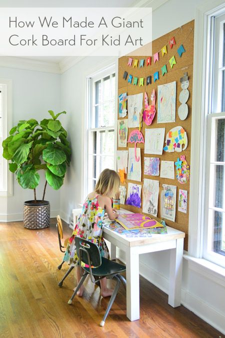 How To Make A Giant Cork Board Wall For Kid Art | Young House Love Giant Cork Board, Diy Cork Board Wall, Diy Kids Art Display, Desk Wall Art, Kids Art Space, Art Display Wall, Cork Board Wall, Diy Cork Board, Diy Cork