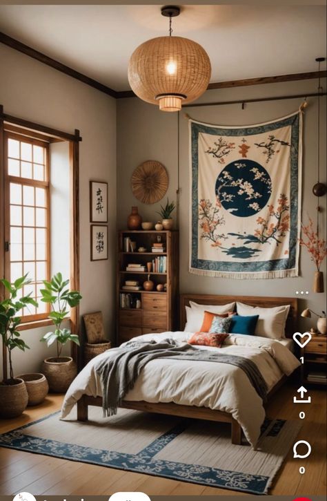 Japanese Theme Bedroom Ideas, Japan Bedroom Design, Rental Bedroom Ideas, Boho Style Bedroom Decor, Ornate Cabinet, Japanese Bedroom Ideas, Zen Retreat, Japanese Inspired Bedroom, Boho Chic Bedroom Decor