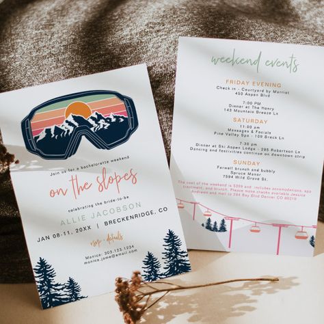 ALLIE Bright Colorful Mountain Ski Bachelorette Invitation Ski Weekend Bachelorette Party, Ski Bachelorette Party Ideas, Bachelorette Ski Trip, Skiing Bachelorette Party, Apres Ski Bachelorette, Ski Bachelorette Party, Glamping Bachelorette, Ski Bachelorette, Mountain Bachelorette