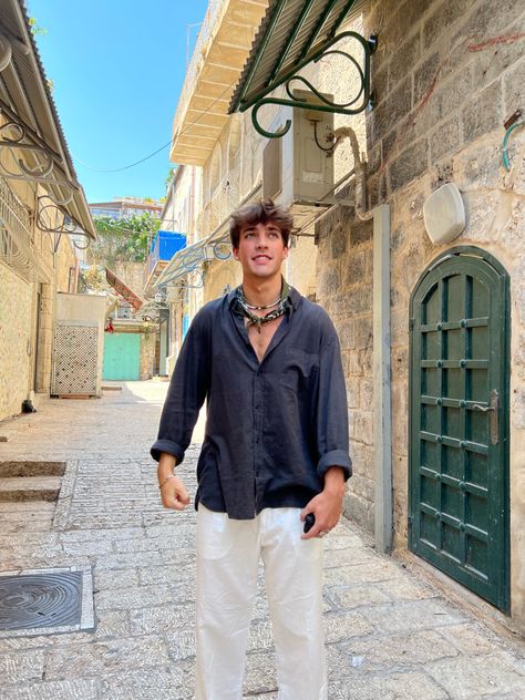 Greece Man Aesthetic, Mykonos Outfit Summer Men, Greece Outfit Aesthetic Men, Mens Summer Outfits Europe, Greece Guys Outfit, Man Greece Outfit, Analog Coast Outfits, South Of France Men Outfits, Europe Aesthetic Outfit Men