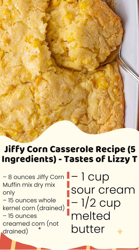 This no-fail Jiffy corn casserole recipe is versatile and bakes up into a savory side dish that will complement any meal. Jiff Mix Corn Casserole, Cornbread Casserole Muffins, Baked Corn Casserole Jiffy, Jiffy Squash Casserole Recipe, 5 Ingredient Corn Casserole Jiffy, Corn Souflee Recipes Jiffy, Jiffy Cornbread Recipes Casseroles, Corn Casserole Jiffy Easy, Cornbread Casserole Jiffy