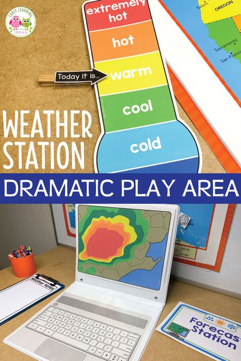 Your kids will have fun learning about the weather when you set up a weather station dramatic play area. Encourage pretend play, math, science, and literacy learning with these ideas and printables. Perfect for a weather theme unit or lesson plans in your #preschool #prek or #kindergarten classroom. Spring, summer, fall & winter ..... use all year (in the science center and at circle time too). Click to get ideas for DIY, props, set up, and experiment ideas. #dramaticplay #learnthroughplay Sky And Weather Theme Preschool Dramatic Play, Preschool Weather Station, Weather Dramatic Play, Weather Station Dramatic Play, Science Center Ideas, Dramatic Play Centers Preschool, Preschool Classroom Setup, Dramatic Play Themes, Preschool Weather