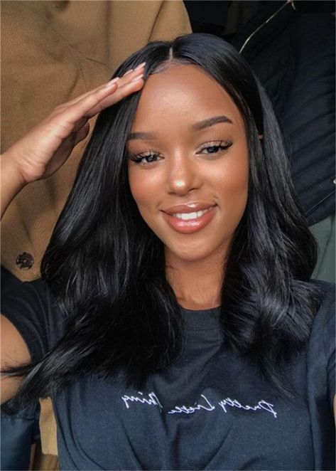 Middle Parted Natural Straight Wavy Human Hair African American Wigs 16 Inches Afro Hair Wigs, Balayage Medium, Honey Balayage, Middle Part Hairstyles, Sew In Hairstyles, Brazilian Hair Bundles, African American Wigs, Aesthetic Brown, Brazilian Straight Hair