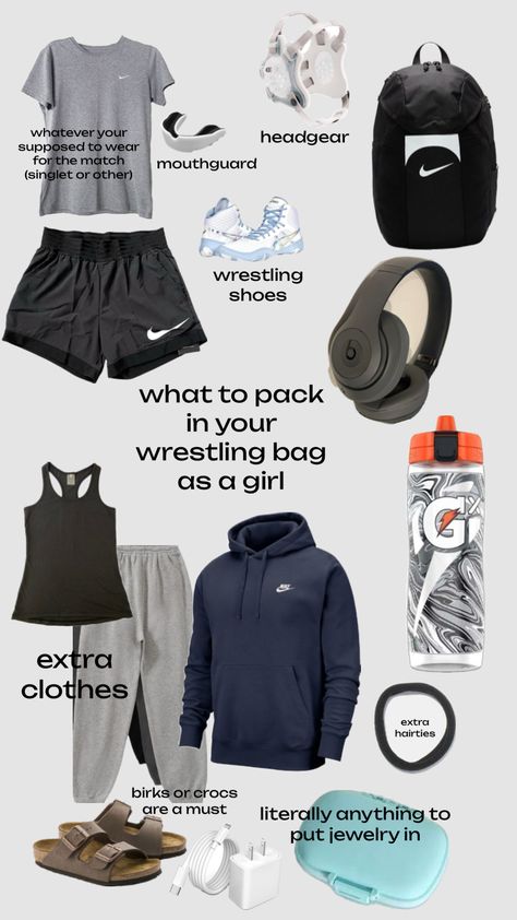 #wrestling #outfitinspo #bagideas #sportswear Wrestling For Beginners, Wrestling Tournament Checklist, Women Wrestling Outfits, Wrestling Shoes Aesthetic, Wrestling Practice Outfit, Wrestling Bag Essentials, Senior Night Wrestling Ideas, Wrestling Essentials, Wrestling Tips