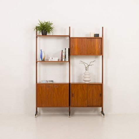 Mid-Century Italian Freestanding, Double-Sided Two Bay Teak Room Divider, 1960s for sale at Pamono Mid Century Wall Unit, Furniture Bookshelves, Mid Century Wall, Uneven Floor, Wall Unit, Panel Siding, Warm Colors, Free Standing, Bookshelves