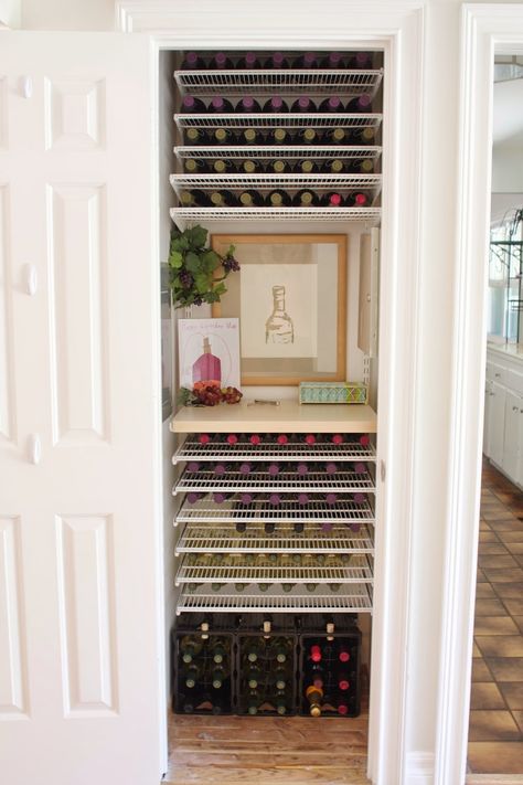 Coat Closet Turned Wine Closet! Do you live in an area of the country where coats aren't always necessary? Do this! Wine Cellar Closet, Closet Alternatives, Coat Closets, Alcohol Storage, Lotus House, Simply Organized, Coat Closet Organization, Wine Closet, Home Wine Cellars