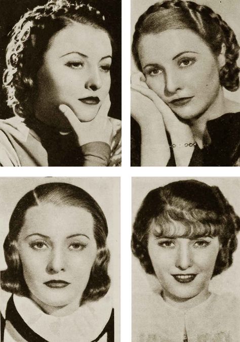 Four-Hairstyles---Barbara-Stanwyck-1934 1930s Makeup, Blue Frock, 1930s Hair, Dark Auburn Hair, Going To The Movies, Pin Curl, Hollywood Beauty, 1920s Hair, Star Beauty