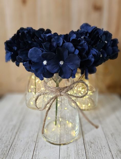 Frosted Mason Jar Centerpieces, Winter Banquet Centerpieces, Blue And Gold Flower Centerpieces, Blue And Silver Table Centerpieces, Navy Engagement Party, Blue White Silver Wedding Decor, Simple But Elegant Wedding Centerpieces, Orbeez Centerpieces Wedding Reception, Simple Blue Wedding Decor