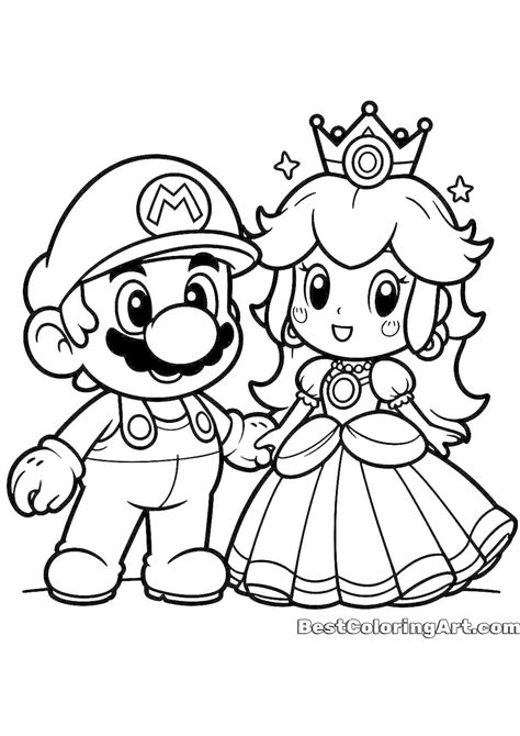 Mario and Princess Coloring Page - Mario Coloring Pages #coloring #coloringbook #bestcoloringart #coloringpage #coloringsheet Mario Colouring Sheet, Nintendo Coloring Pages, Mario Colouring, Princess Peach Coloring Page, Princess Peach And Mario, Super Mario Coloring, Paper Activities, Mario Coloring, Super Mario Coloring Pages