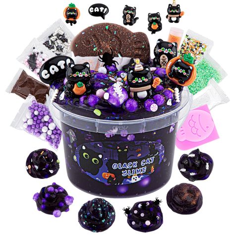 PRICES MAY VARY. 🐈‍⬛【Black Cat Slime Kit】Our kids slime kit includes 300ml dark purple clear slime and 8 packs slime add-ins and 5 cute cat slime charms. Create your own unique slime creations with this clear slime set featuring a black cat with a variety of adorable Halloween slime charms and rich soft slices. 🐈‍⬛【Good Stretchy & Relaxing】Our clear purple slime for kids is super soft and stretchy, and when you add the foam ball it makes a relaxing sound of frying bubbles by constantly stretch Halloween Toys For Kids, Non Stick Slime, Slime With Clay, Spooky Slime, Texture References, Purple Slime, Kids Slime, Slime Making Kit, Diy Butter