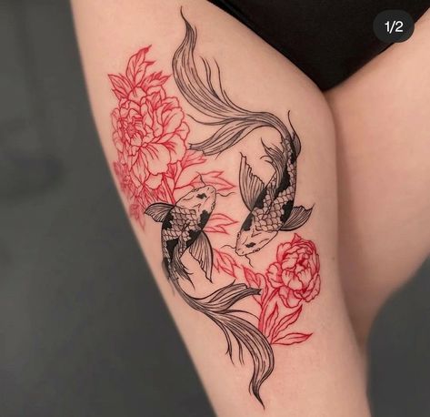 Tattoo Bible, Kitsune Tattoo, Upper Leg Tattoos, Upper Thigh Tattoos, Tato Paha, Koi Tattoo Design, Thigh Tattoo Designs, Tato Lengan, Hip Tattoos Women