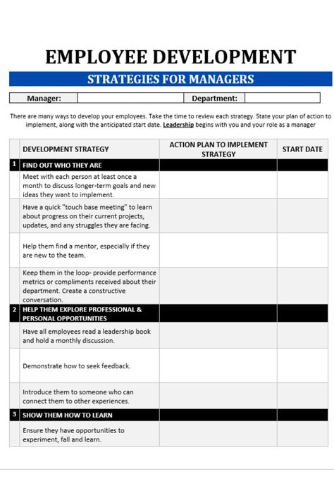 Manager training worksheets provide a structured format for managers to formulate action plans related to one or more of the 21 strategies listed within the templates, including specific details on how and when to execute the strategies. Such strategies may involve training and coaching initiatives and other developmental approaches to enhance employee performance. Development Plans For Employees, Coaching Employees, Business Interview Questions, Manager Training, Employee Retention Strategies, Employee Development Plan, Employee Goals, Hr Ideas, Difficult Employees