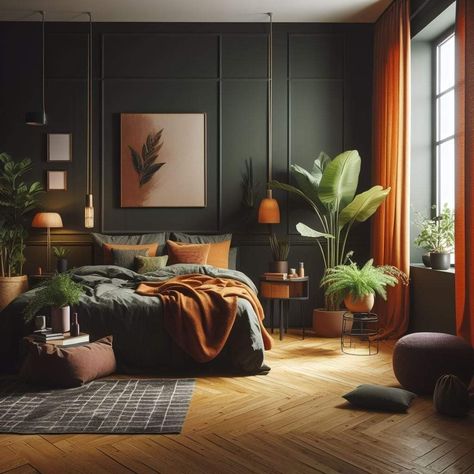 Midcentury Moody Bedroom, Eclectic Moody Warm Bedroom, Olive Green Black And Brown Bedroom, Apartment Inspiration Dark Academia, Emerald Green And Terracotta Bedroom, Dark Green And Rust Living Room, Dark Green Orange Bedroom, Sage Green With Dark Wood, Large Guest Room Ideas