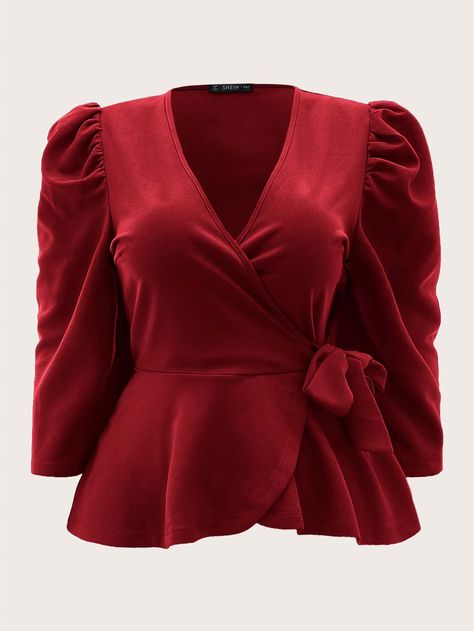 Red Elegant  Three Quarter Length Sleeve Polyester Plain Peplum  Slight Stretch Spring/Fall Plus Size Tops Wrap Top Outfit, Sewing Dresses For Women, Patterns For Fashion, Classy Blouses, Latest Blouse Designs Pattern, Leg Of Mutton Sleeve, Street Hijab Fashion, Fall Plus Size, Peplum Tops