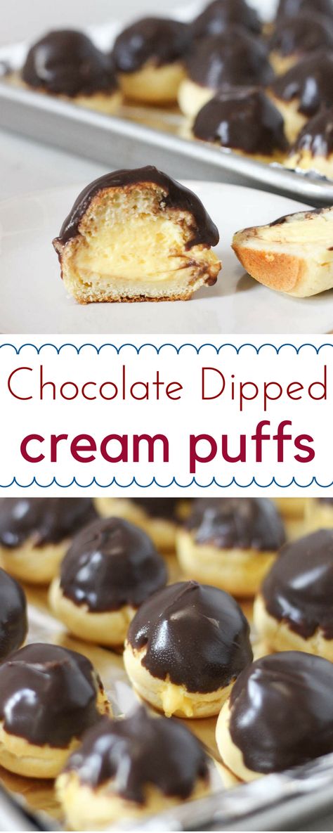 You can make these #chocolate dipped fluffy cream puffs at home! Filled with shortcut fluffy pastry cream, they are the perfect crowd pleasing #dessert! High Altitude Cream Puffs, Desert Sauces, Puffs Recipes, Fluffy Pastry, Desert Bread, Cream Puff Dough, Cream Puffs Recipe Easy, Cream Puff Filling, Chocolate Cream Puff