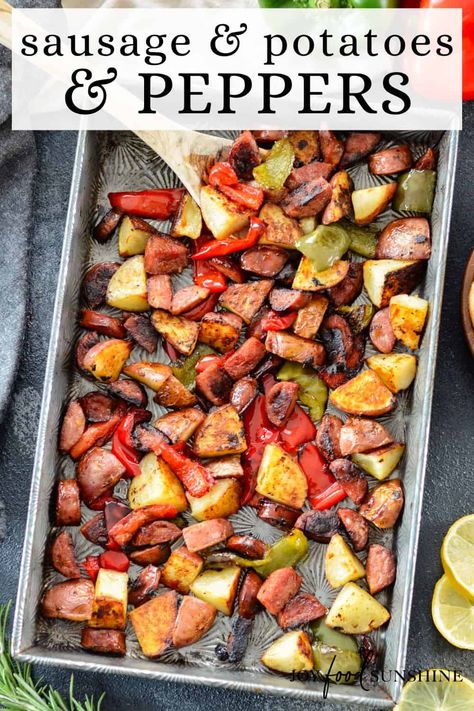 Roasted sausage and potatoes and peppers is an easy, one-pan recipe made with only 8 ingredients! A delicious quick, easy & nutritious dinner. Oven Sausage And Peppers, Sausage Potatoes And Peppers, Roasted Red Skin Potatoes, Crockpot Sausage And Potatoes, Roasted Sausage, Sausage And Potato Bake, Sausage And Mash, Sausage And Potatoes, Sausage Peppers And Onions