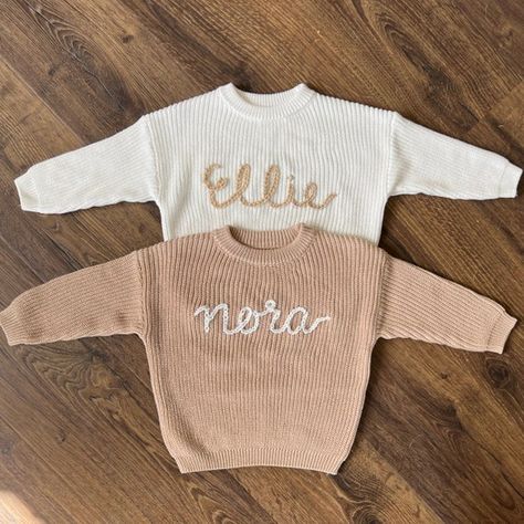 Embroidered Baby Gifts, Embroidered Baby Sweater, Embroidered Baby Clothes, Christian Sweaters, Name Sweater, Chunky Baby, Clothes Embroidery, Fall Baby Clothes, Neutral Sweaters