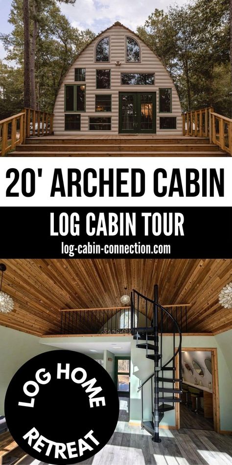 You'll love the mix of modern and rustic in the 20' arched cabin with a gorgeous front wall of windows bringing in natural light! Arched Cabin Interior Design, Arched Cabins 24x40, Arched Cabin Interior, Airbnb Cabin Ideas, Arched Cabin Floor Plans, Arch Cabins, Arched Cabins, Cabin Build, Quonset Homes