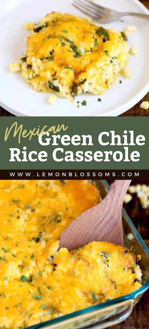 This Mexican Green Chile Rice Casserole is Creamy, cheesy and and easy to make. Filled with corn, roasted green chiles, sour cream, cilantro, and cheese then baked until perfectly golden! A great make ahead side dish that also reheats well. #recipe #creamy #cheesy #Mexican #vegetarian #greenchili Poblano Rice Casserole, Cheesy Green Chili Rice, Green Chile Cheese Rice, Green Chile Corn Chowder, Cheesy Green Chile Corn Casserole, Green Chili Cheese Rice Casserole, Cheesy Poblano Rice Bake, Green Chili Chicken And Rice Casserole, Mexican Cheesy Rice Recipes