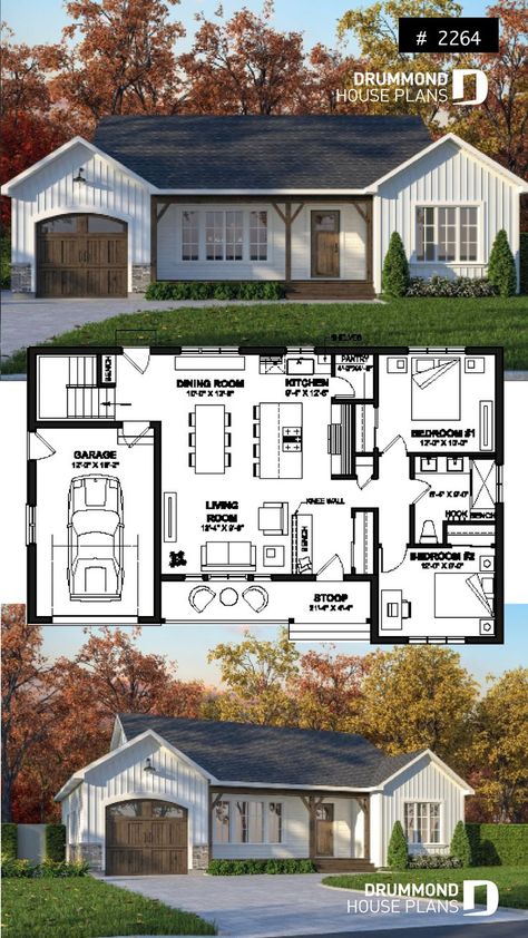 2 bedroom budget-friendly ranch style house plan Ranch House Floor Plans, Drummond House Plans, Little House Plans, Ranch Style House, Sims 4 House Plans, Sims 4 House Building, Diy House Plans, Brick Ranch, Small House Floor Plans