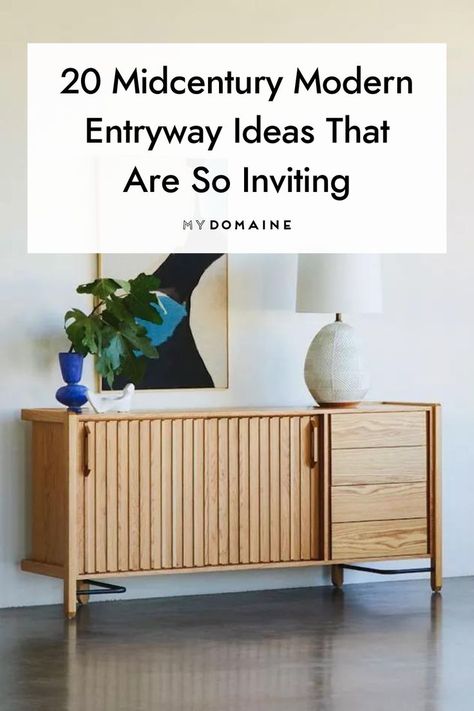 Clean lines, muted tones, and geometric shapes were all the rage in the '50s and '60s, and these elements are still stylish today. Make your entryway feel inviting by giving these midcentury modern decorating ideas a try. #MidcenturyModern #MidcenturyModernEntryway #EntrywayIdeas #EntrywayDesign #MyDomaine Mid Century Entryway Ideas, Modern Entryway Ideas, Modern Decorating Ideas, Mid Century Modern Entryway, Mid Century Entryway, Mid Century Modern Door, Entry Cabinet, Modern Decorating, Mid Century Cabinet