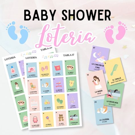 "Baby Shower Loteria / Mexican Bingo comes with 25 Unique Playing Boards (Tablas) and a Deck of 50 Calling Cards (Baraja). This set is bilingual. (English and Spanish) Enjoy and laugh with family/friends as you play this traditional Mexican Bingo Game. Everyone will be sure to love it and want to keep playing! ♥︎ Dimensions / Sizes: Tablas (Boards) : 5 x 7 Baraja (Calling Cards) : 2.5 x 3.6 ♥︎ Please Note: This product is a Digital Download, which means you will NOT receive a physical copy in the mail.  Once you have confirmed payment, you may download these files immediately. Because of that, this product is not eligible for return or exchange on Etsy. ♥︎ Where to Find Your Purchased Files / Digital Downloads - Once you have purchased this product, you will receive an email from Etsy with Baby Shower Loteria, Mexican Baby Shower Games, Baby Shower Game Gifts, Mexican Bingo, Mexican Baby Shower, Game Gifts, Baby Bingo, Baby Gender Reveal Party, Baby Shower Bingo