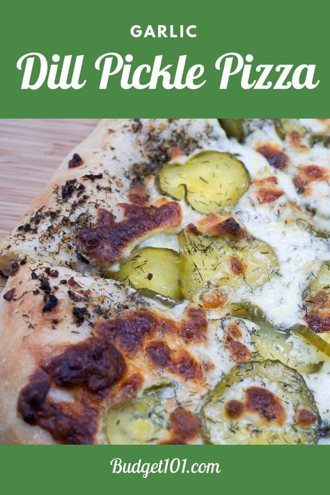 Garlic lovers dill pickle pizza is a dream combination that'll make your taste buds quiver with anticipation as it bakes! Mounds of thinly sliced dill pickles and fresh mozzarella are heaped over a simple quick dough smothered in a delectable garlic dill sauce, and it's so EASY to make! #Garlic #Dill #Pickles #Pizza #DillPicklePizza Pickle Pizza With Garlic Sauce, Pizza With Garlic Sauce, Garlic Dill Sauce, Dill Pickle Pizza, Quick Dough, Pickle Pizza Recipe, Pickle Pizza, Pickle Recipes Homemade, Crispy Pizza Crust