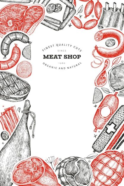 Premium Vector | Vintage vector meat products Meat Cuts Poster, Carnicerias Ideas, Meat Art, Gourmet Meat, Meat Store, Meat Restaurant, Meat Delivery, Meat Products, Premium Meat