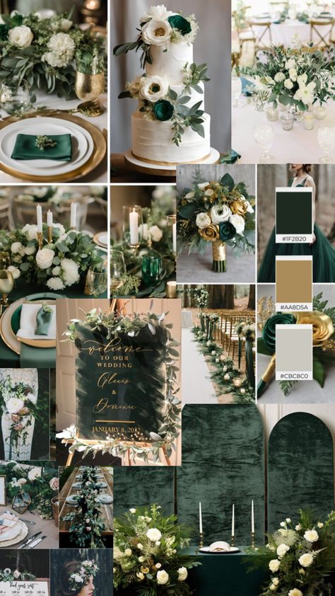 Green And Gold Color Palette Wedding, Dark Green Gold White Wedding, Olive Wedding Theme Color Schemes, Wedding Green And Gold Theme, Hunter Green Wedding Theme Color Schemes, Pine Green And Gold Wedding, Black Green Champagne Wedding, Wedding Color Palette Green Gold, Black Olive Green And Gold Wedding