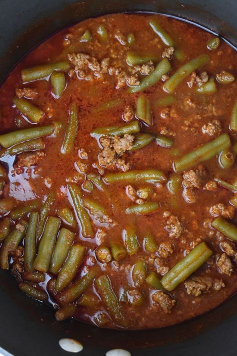 Tasty Green Beans with Ground Beef Recipe - These Old Cookbooks Green Bean Ground Beef, Beef With Green Beans, Green Bean Chili, Ground Beef With Beans, Green Bean And Ground Beef, Beef And Green Bean Casserole, Green Beans With Ground Beef, Hamburger Meat And Green Beans, Ground Beef With Green Beans