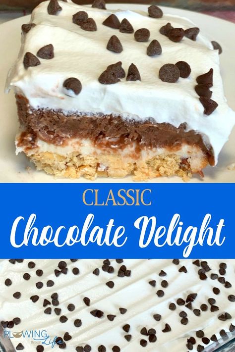 Chocolate Delight is made with layers of chocolate and vanilla pudding, cream cheese, and Cool Whip on a graham cracker and nut crust. This basic chocolate pudding dessert is always a winner and always one of the first pans to be cleaned out at a potluck, carry-in or holiday meal!  #dessert #easyrecipe Chocolate Pudding Dessert, Cream Cheese And Cool Whip, Pudding Desserts Layered, Cool Whip Desserts, Biscuits Graham, Easy Chocolate Desserts, Pudding Dessert, Layered Desserts, Chocolate Delight