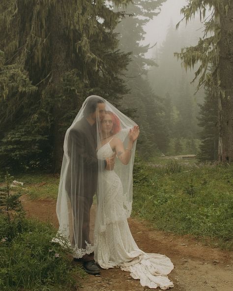 Small Forest Elopement, Tipsoo Lake Washington, Foggy Wedding Photos, Mt Rainer Elopement, Lake Coming Wedding, Elopement In The Woods, Fantasy Elopement, Ethereal Engagement Photos, Wedding Hair Long Down