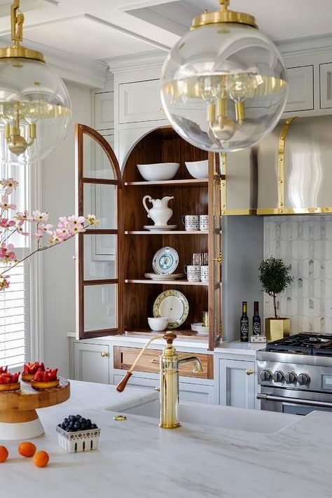 Living Room Mirror Decor, Dark Stained Wood Floors, Built In China Cabinet, Living Room Mirror, Light Gray Cabinets, Room Mirror, Gold Award, Studio Kitchen, Kitchen Views