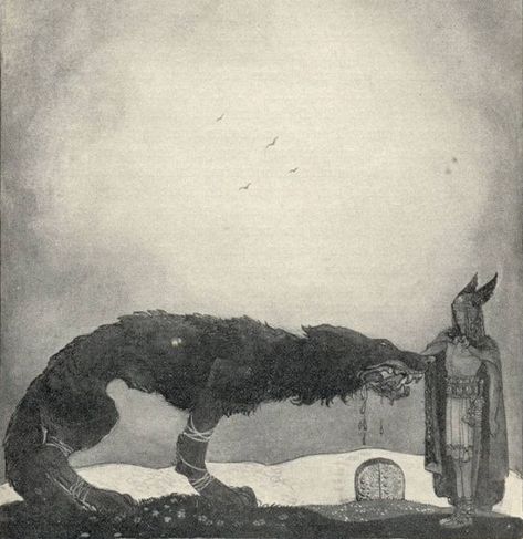 tyr norse god giving arm to fenrir illustration Tyr And Fenrir, Fenrir Tattoo, John Bauer, Norse Myth, Art Of Manliness, Old Norse, Norse Vikings, History Channel, Fairytale Art