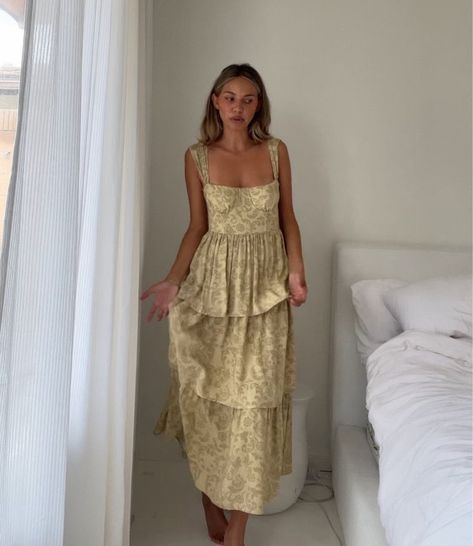 Can't stop wearing this pale yellow maxi dress. Imagining warm summer nights in this gorgeous piece. Use code BRITHARVEY to save on LTK! #ad Cottage Core Corset, Pale Yellow Maxi Dress, Cotton Dress Summer Casual, Floral Corset Dress, Pale Yellow Dress, Yellow Dress Casual, Yellow Dress Outfit, Pale Yellow Dresses, Floral Bridesmaid Dresses