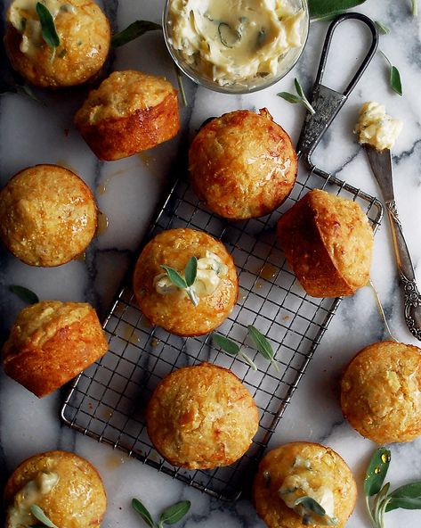 Cheddar Apple Cornbread Muffins with Maple Sage Butter - The Original Dish Apple Cornbread, Cheesy Cornbread, Best Cornbread Recipe, Muffins Blueberry, Cheddar Cornbread, Sage Butter, Cornbread Muffins, Baking Bread Recipes, Zucchini Muffins