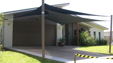 Sun Sail Carport, Sun Shade Carport, Carport Shade Sail, Shade Sail Carport Ideas, Carport Shade, Shade Sail Installation, Carport Patio, Carport Ideas, Awning Shade