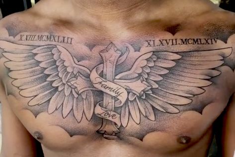 Chest Tattoo Clouds, Chest Tattoo Wings, Gucci Tattoo, Heaven Tattoos, Cool Chest Tattoos, Chest Tattoos, Eagle Tattoos, Beach Tattoo, Red Ink Tattoos