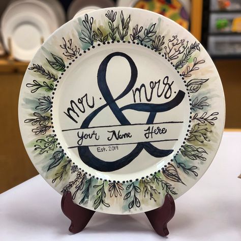 Hand painted wedding plate with signatures on back! Painted Pottery Wedding Gift, Ceramic Paint Plate Ideas, Wedding Pottery Painting Ideas, Wedding Plates Painted, Hand Painted Wedding Plate, Painted Platter Ideas, Painted Wedding Plate, Wedding Plate Painting Ideas, Pottery Wedding Gifts