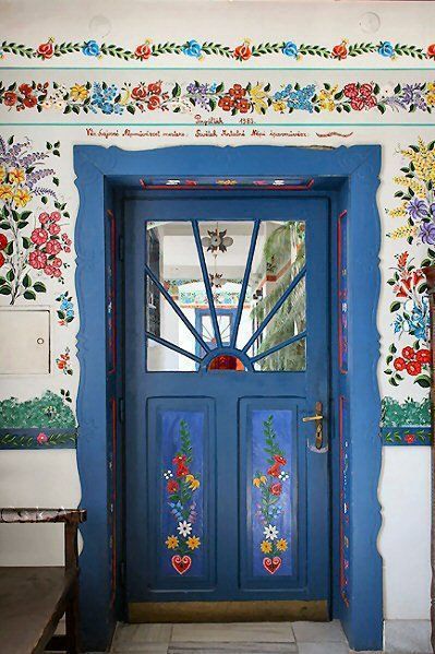 Decorative Hungarian Folk Art Painting                                                                                                                                                     More Folk House, Blue Door, Hungary, Flowers, Blue, White, Art