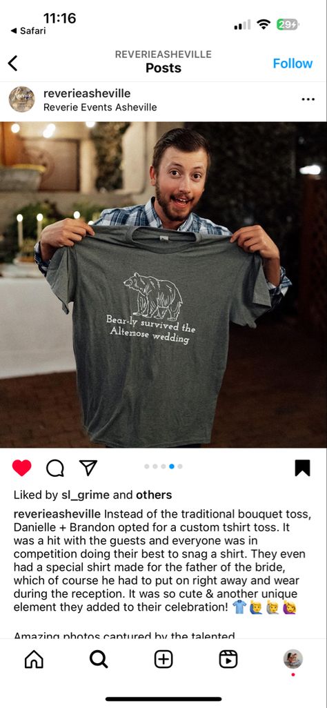 Reverie Events on Instagram: "Instead of the traditional bouquet toss, Danielle + Brandon opted for a custom tshirt toss. It was a hit with the guests and everyone was in competition doing their best to snag a shirt. They even had a special shirt made for the father of the bride, which of course he had to put on right away and wear during the reception. It was so cute & another unique element they added to their celebration! 👕🙋‍♂️🙋🙋‍♀️ Amazing photos captured by the talented @allegoryandelm T Shirt Toss At Wedding, Wedding Party Tshirt Ideas, Tshirt Toss Wedding, Wedding T Shirt Toss Ideas, Wedding Tshirt For Guests, Wedding T Shirts For Guests, Wedding Tshirt Toss, Danielle Brandon, Traditional Bouquet